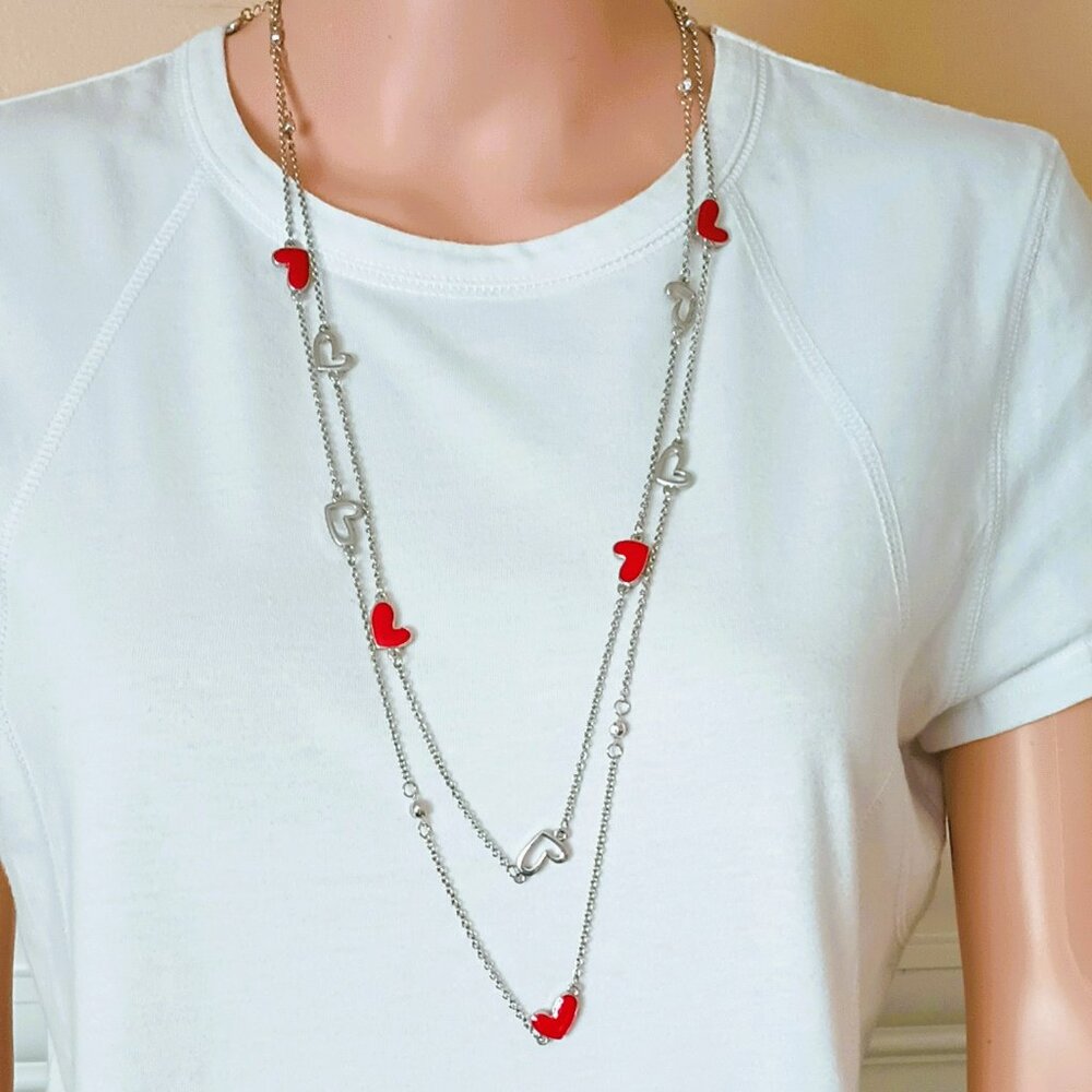 Heart Necklace & Earrings Set 36" Silver Red Floating 2 Strand w Rhinestones